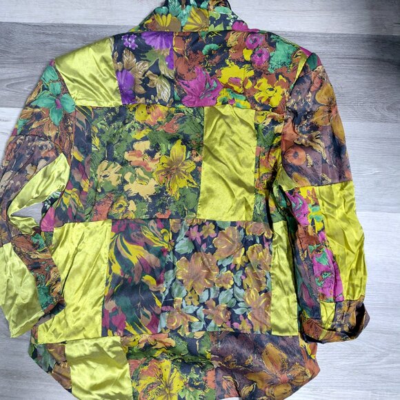 Vintage Multi Color Floral Yellow Velvet Blazer and Black Lapel - Picture 2 of 6